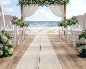 Fototapeta premium Stunning Beach Wedding Ceremony Setup with White Chairs and Flowers by the Ocean, Perfect for a Romantic and Elegant Wedding Day