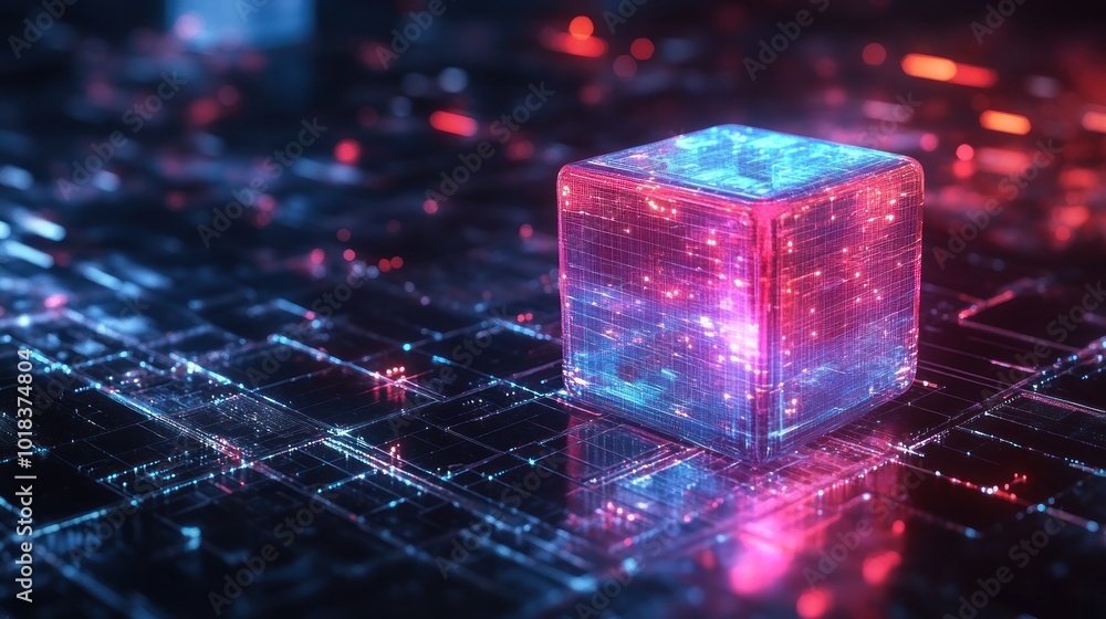 Poster futuristic digital neon cube on a dark grid with glowing particle technology. ai generated images