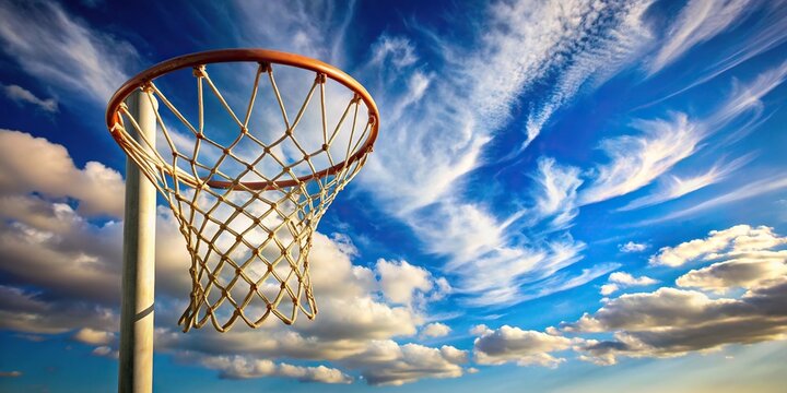 Netball goal ring and net against blue sky and clouds