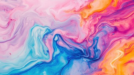 Fototapeta premium A vibrant, swirling abstract pattern of pink, blue, and orange hues, resembling fluid paint blending together in an artistic composition.