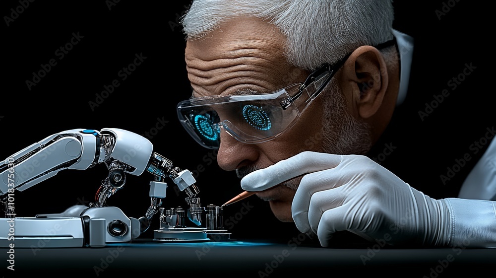 Aufkleber mastering robotics: a seasoned scientist meticulously works on a sophisticated robot, his focused ga