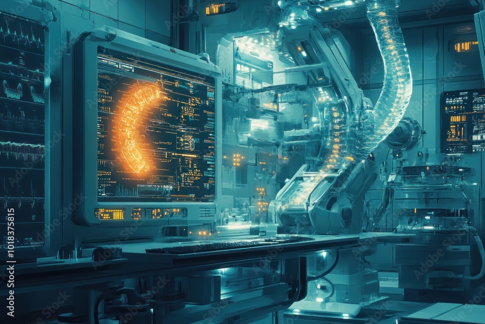 Poster futuristic laboratory with robotic arm, computer screen displaying glowing data, and futuristic medi
