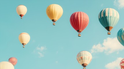 Obraz premium Colorful hot air balloons soaring against a clear blue sky create a whimsical and uplifting scene of adventure and freedom.