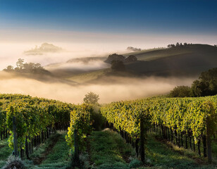 Naklejka premium Early morning mist blankets vineyard, showcasing rows of lush vines against a serene mountainous backdrop