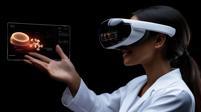 VR in Healthcare: A female doctor in a white lab coat uses VR technology to explore a 3D model of a brain. The image captures the potential of immersive tech in medical research and education.  
