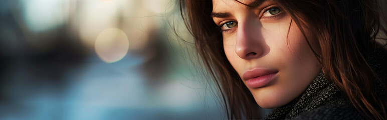 Thoughtful Woman with Intense Gaze against Urban Background, Natural Light Headshot Photography