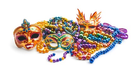 Colorful Mardi Gras Masks   Beads Isolated on White