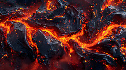 A backdrop of flowing lava with glowing red and orange patterns, representing the inferno of a volcanic eruption