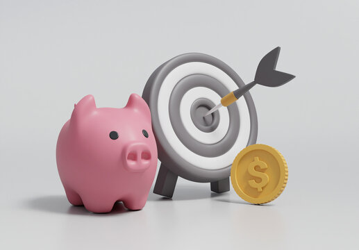 3D rendered illustration of savings goal success concept with goal board with pink piggy bank and gold dollar coins. Emphasizes a focused savings strategy and achieving financial goals.