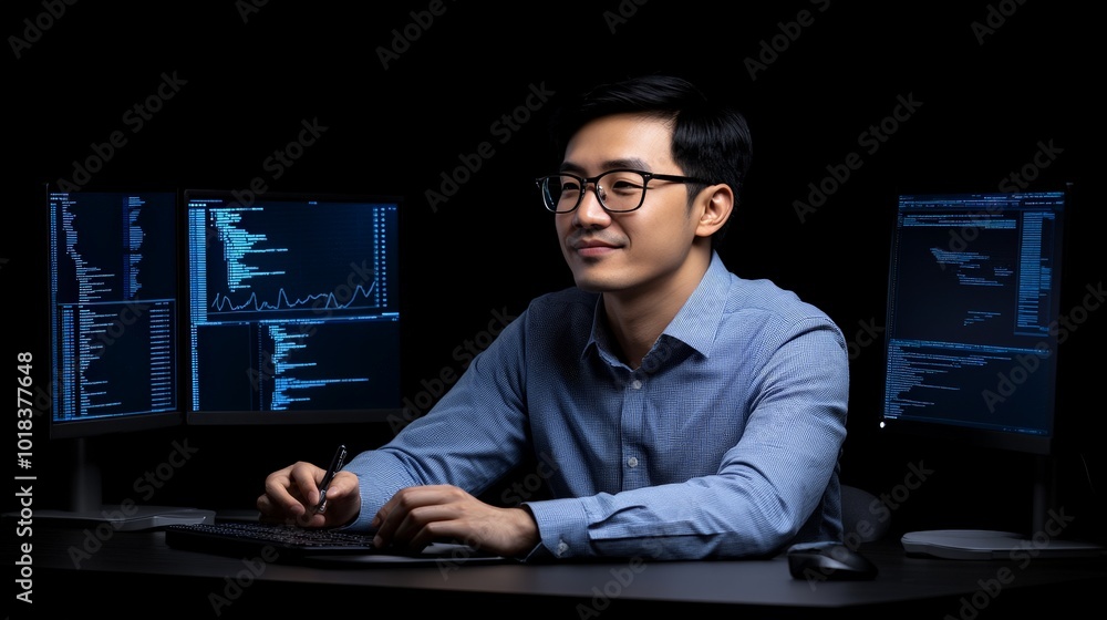Aufkleber coding in the dark: a young programmer works diligently at his desk, immersed in the glow of his mul