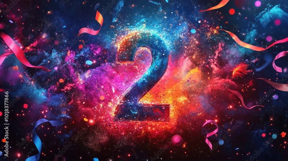 Poster a vibrant and abstract representation of the number 2, surrounded by colorful confetti and ribbons, 