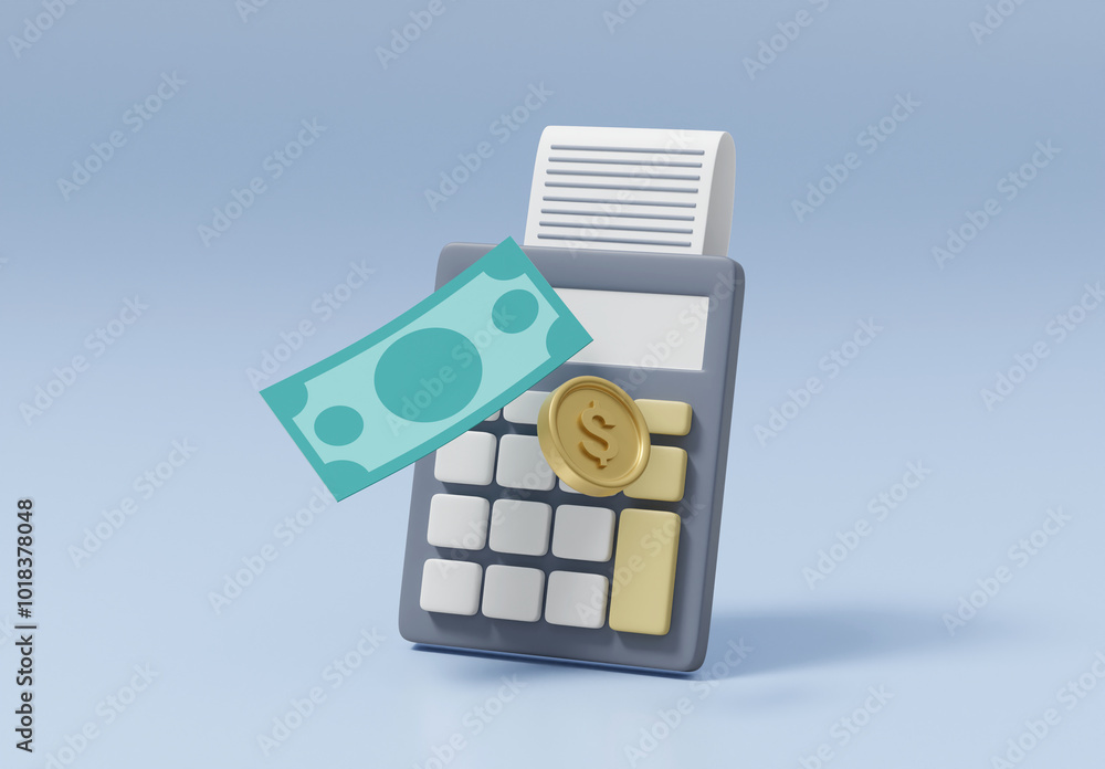 Poster 3d rendered illustration of currency value calculation concept with calculator icon with floating do