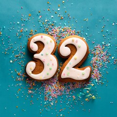 Decorated cookie, number 32, image for birthday or anniversary celebration