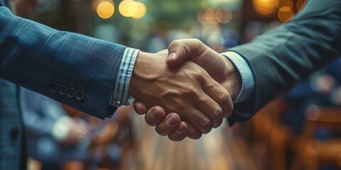 Close-up of businessmen shaking hands in a professional setting symbolizing agreement and partnership
