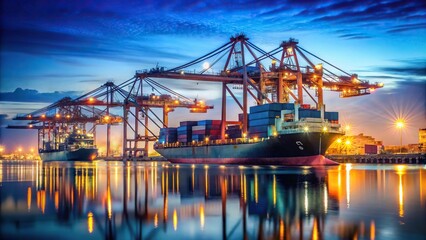 Obraz premium Night operation of container terminal with cranes unloading container ship