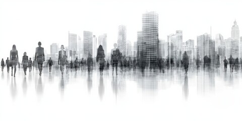 Fototapeta premium Silhouettes of people walking in front of a blurred cityscape, creating a sense of anonymity and the hustle and bustle of urban life