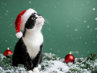 black and white cat in santa hat on christmas background