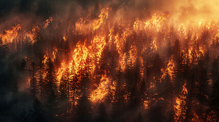 A burning forest with flames and smoke, showcasing the hot and dangerous conditions of a wildfire