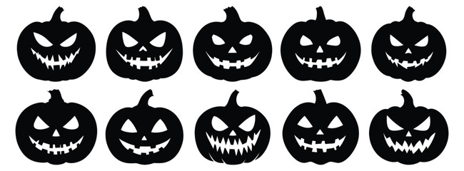 Pumpkin silhouettes set, halloween pack of vector silhouette design, isolated background.