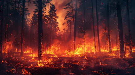 A burning forest with flames and smoke, showcasing the hot and dangerous conditions of a wildfire