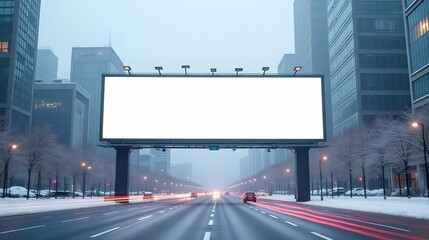 Large white billboard against the backdrop of a large city. Advertising board