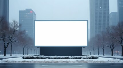 Large white billboard against the backdrop of a large city. Advertising board