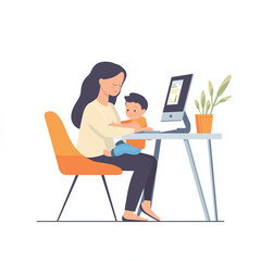Businesswoman Balancing Work And Motherhood: Remote Job As A Freelancer With An Infant Son. Maternity And Career In  Illustration.