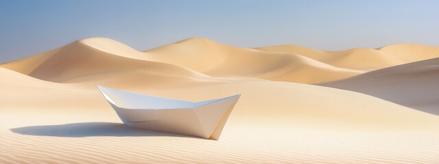 Paper boat on sand dunes, minimalist desert landscape with gentle rolling hills beneath a clear sky, evokes tranquility and solitude.