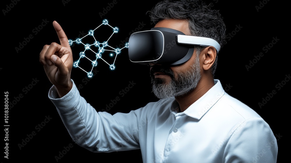 Poster vr exploration: a man with a beard wearing a virtual reality headset, is immersed in a digital world