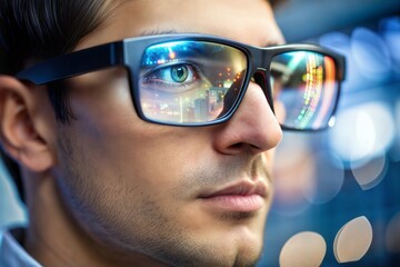 Urban aesthetic innovation stylish glasses reflecting city lights