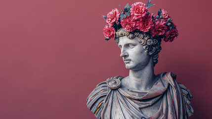A classical Roman bust of Julius Caesar adorned with a trendy summer hat and a bouquet of carnations, blending ancient and modern styles