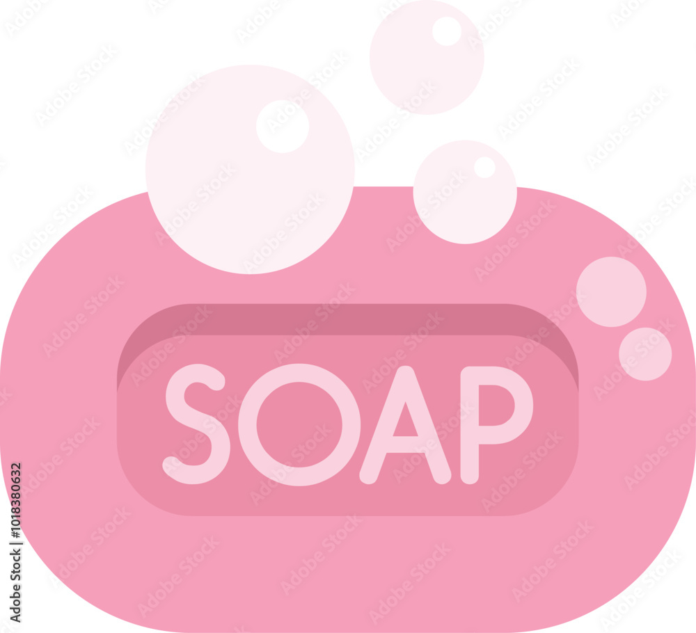 Poster pink soap bar with the word soap embossed into it, and bubbles floating above creating foam for wash