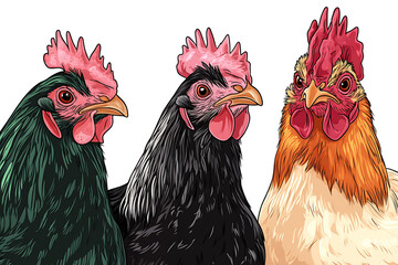 Fototapeta premium Three colorful chickens with distinct feather patterns and combs.