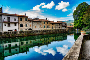 View of the medieval village of Santa Fiora Tuscany Italy from the Peschiera a fifteenth-century reservoir created to collect the river water