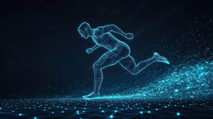 Naklejka premium Blue wireframe hologram of athlete running for sport technology and futuristic digital elements.