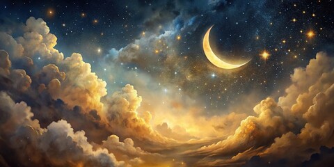 Fototapeta premium Night sky painting in gold and black with many tones of moon stars and clouds Worm's Eye View
