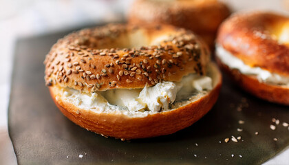 Fresh bagel with creamy cream cheese filling and sesame seeds. Tasty snack. Delicious food.