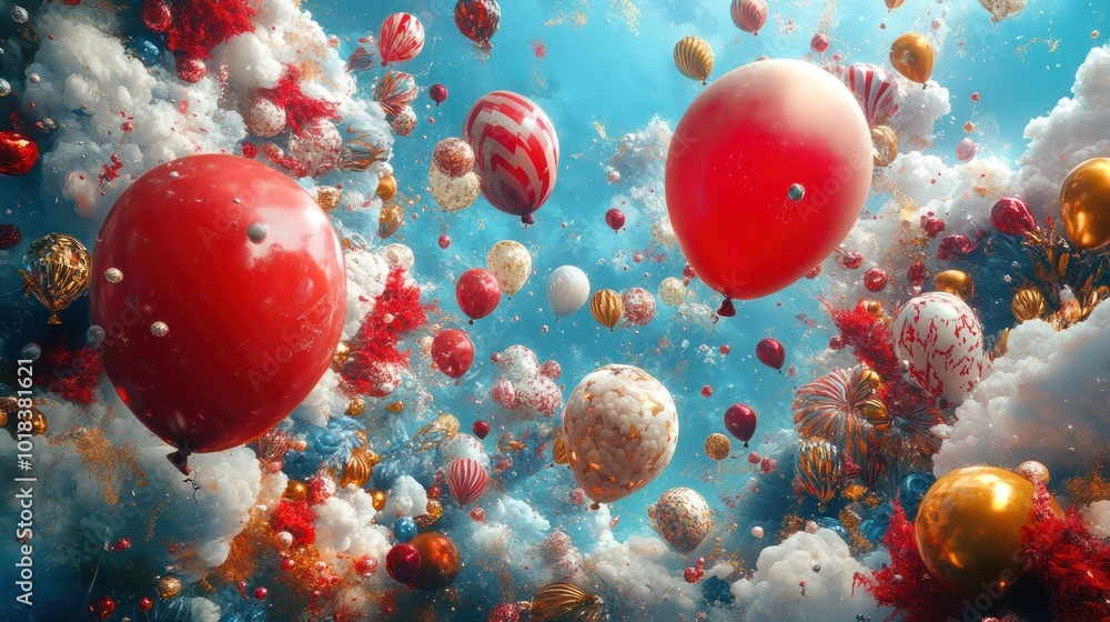Poster a surreal image of colorful balloons floating in a bright blue sky with clouds and confetti.
