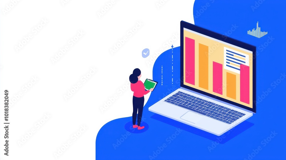 Poster A person analyzes data displayed on a laptop screen featuring colorful bar graphs, emphasizing data visualization and analytics.