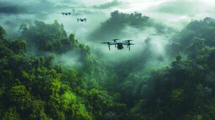 Multiple drones flying over a misty forest, capturing aerial footage.