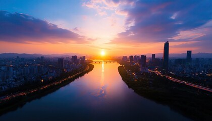 Fototapeta premium Realistic photo of a city by the river with bridges and waterfront promenades, Landscape Drone view capturing the reflection of the city lights on the water