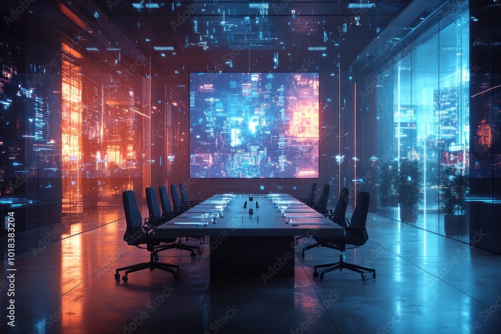 Poster an empty conference room with a large screen displaying abstract data and holographic projections.