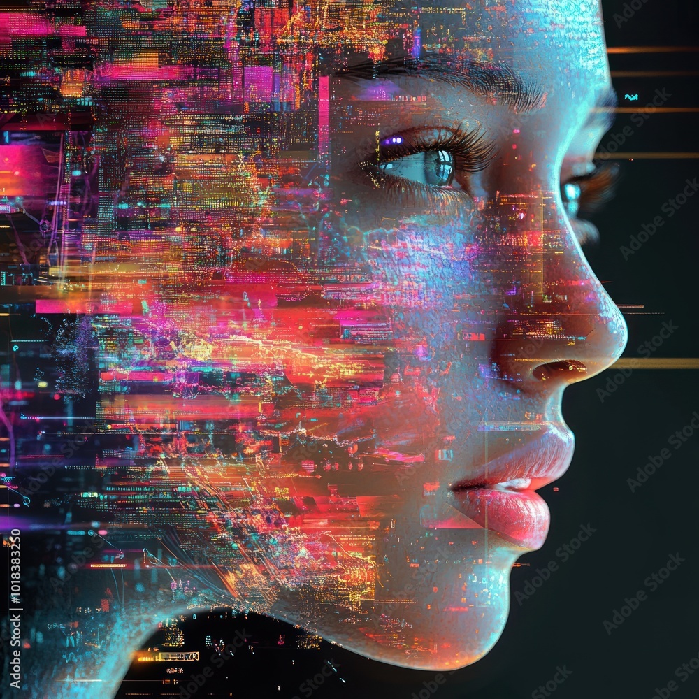 Poster a woman's face is distorted with glitch art effect, vibrant colors, and digital coding, creating an 