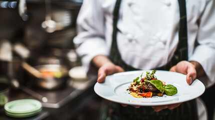 Chef holding a plate of beautifully arranged gourmet food, with a satisfied smile, symbolizing high food expectations and culinary excellence.