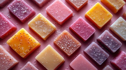 A Collection of Colorful Bars of Soap with Salt Crystals on a Pink Background