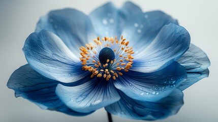 Obraz premium Blue Anemone Flower Blooming. Close Up Of Blue Color Anemone Flower With Yellow Stamens on Center