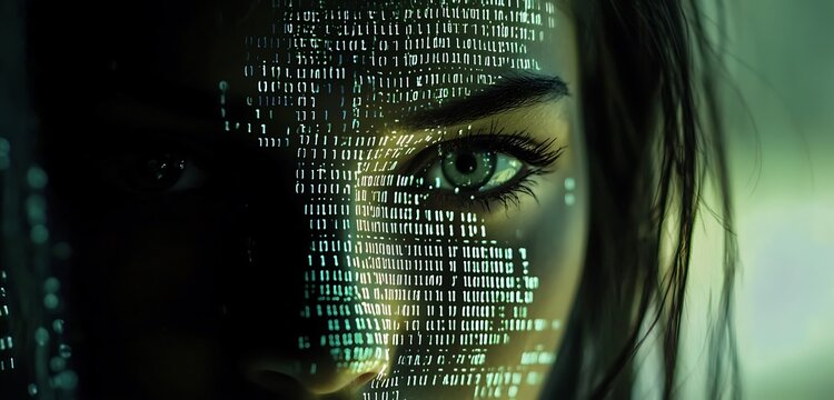 Portrait of a woman with a binary code overlay, depicting digital identity themes.