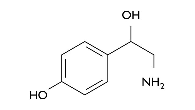 octopamine molecule, structural chemical formula, ball-and-stick model, isolated image para-octopamine