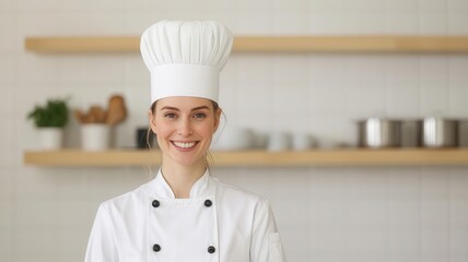Woman wearing a chef s hat, smiling confidently in her own restaurant kitchen   culinary arts, women entrepreneurs, empowerment