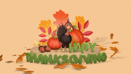 Thanksgiving Day greeting card with turkey, pumpkins and autumn leaves